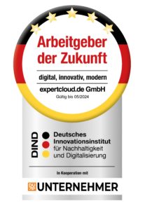 Arbeitgeber der Zukunft Siegel für expertcloud.de GmbH. Digital, innovativ und modern. Gültig bis Mai 2024
